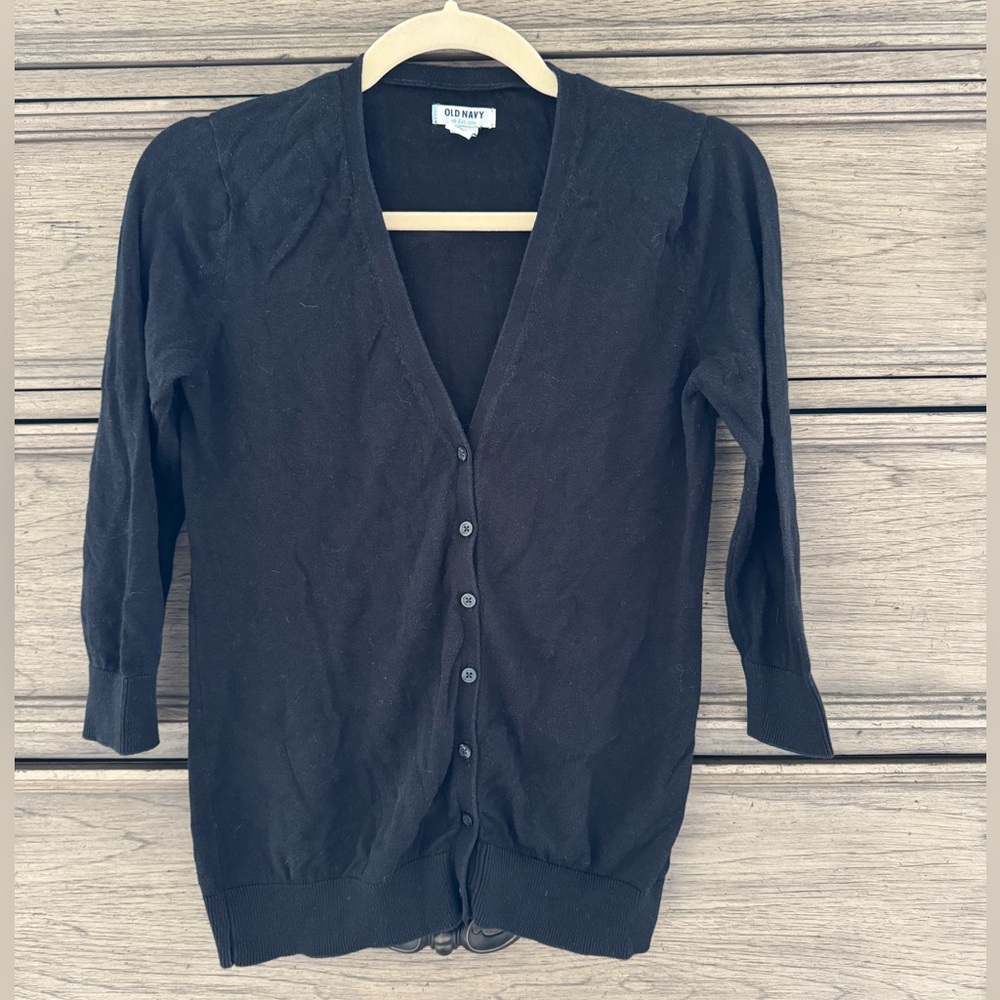 Old Navy Black V-Neck Cardigan Sweater Ribbed Knit Viscose Cotton Small